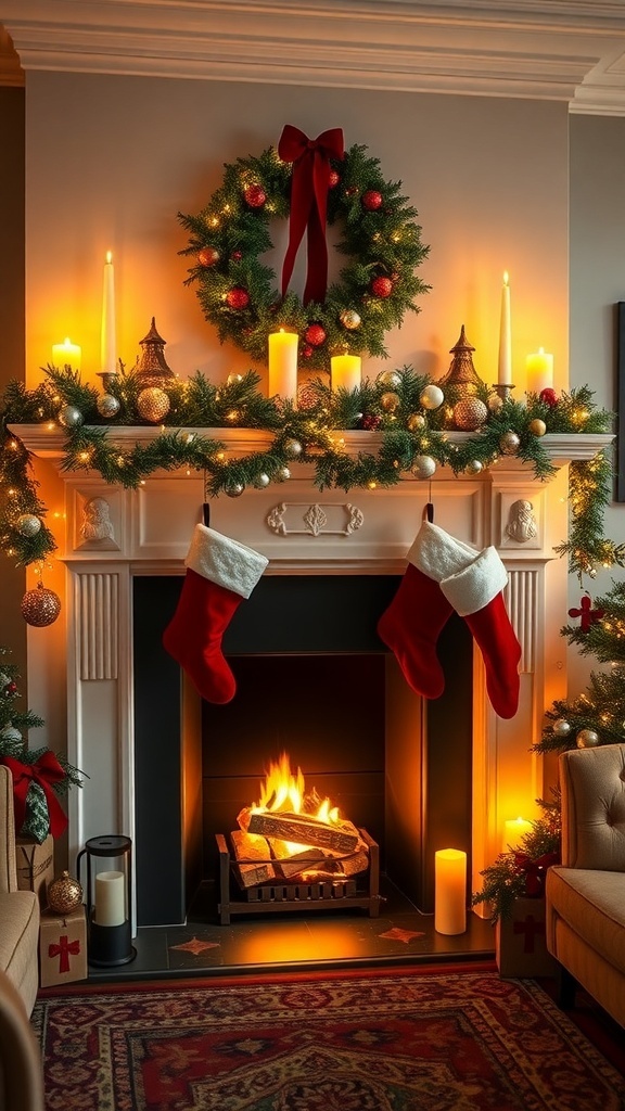 A cozy fireplace mantel decorated for Christmas with stockings, candles, and a wreath.