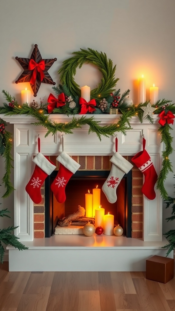 Cozy fireplace mantel with stockings, candles, and festive decorations.