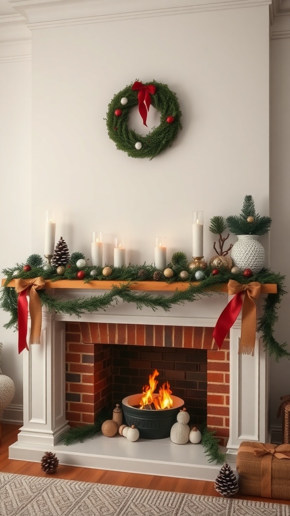 A beautifully decorated fireplace mantel with a green garland, candles, and a festive wreath.