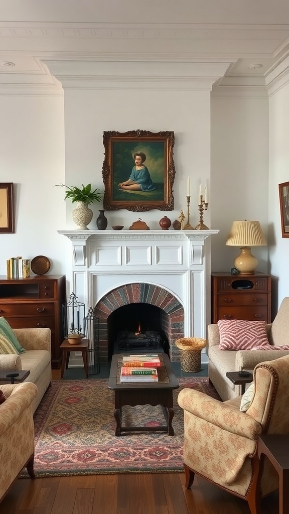 Cozy vintage cottage living room with a fireplace and comfortable seating.