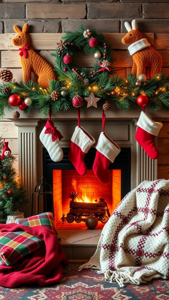 A cozy fireplace nook decorated for Christmas, featuring stockings, a warm blanket, and festive ornaments.