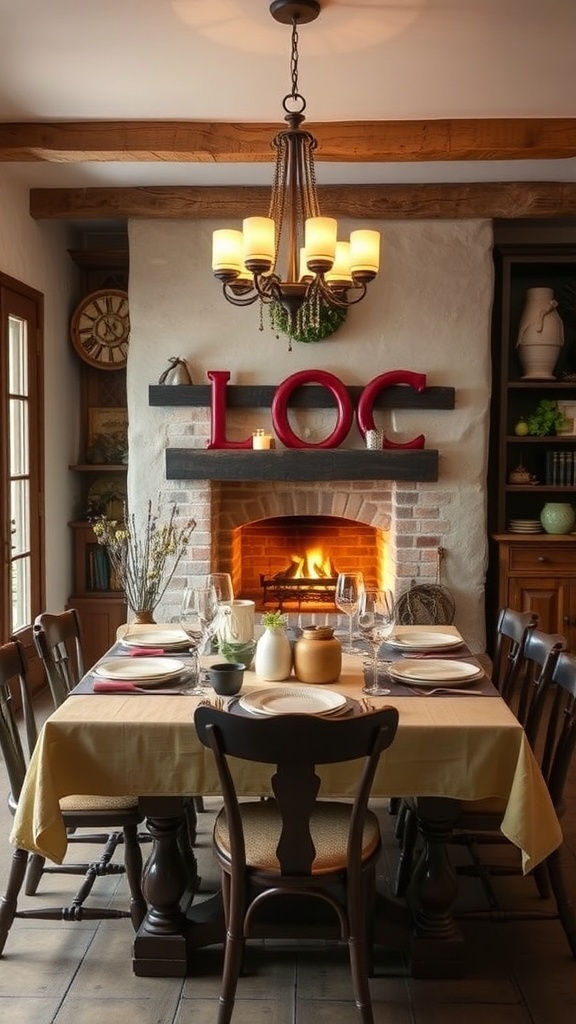 A rustic dining room with a cozy fireplace nook, featuring a wooden table set for dining.