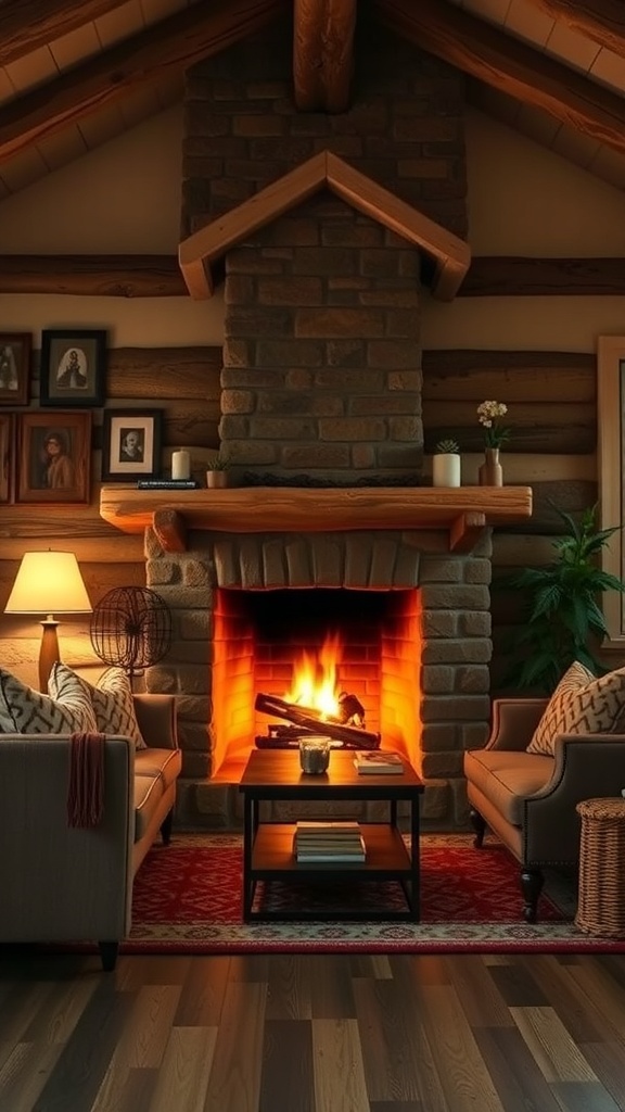 A cozy living room with a fireplace, comfortable seating, and rustic decor.