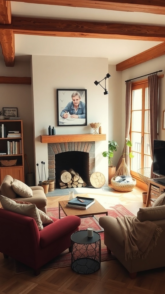 A cozy living room with a fireplace, comfortable seating, and natural decor.
