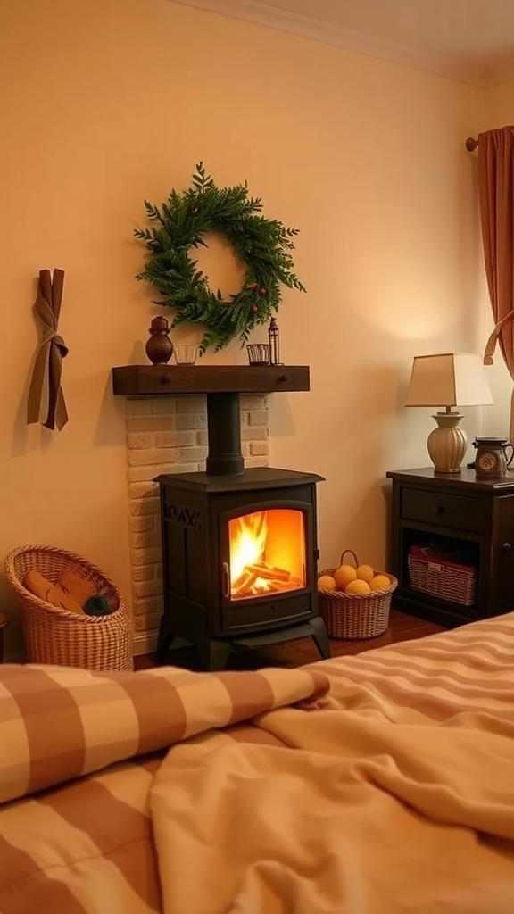A cozy bedroom featuring a heater, warm blankets, and fall decorations.