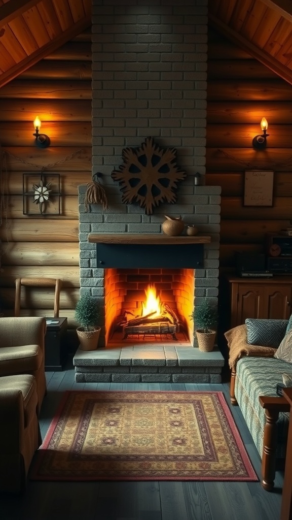A cozy fireplace in a vintage cabin setting with comfortable seating and rustic decor.
