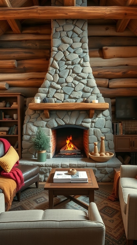 A cozy rustic fireplace setting with stone mantel and comfortable seating.