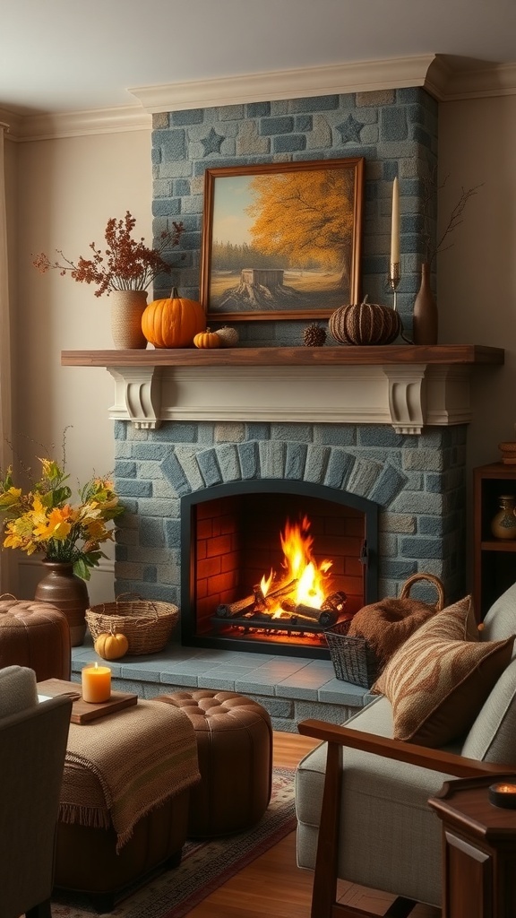 A cozy fireplace setup with pumpkins and autumn decor.