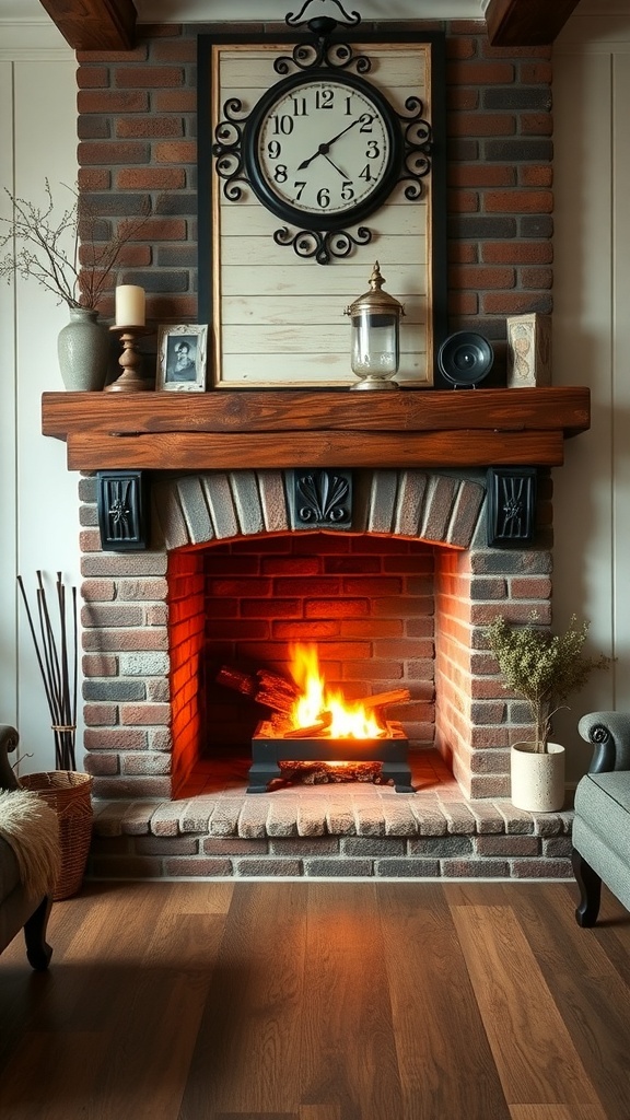 Cozy fireplace with a brick hearth and wooden mantel in a vintage farmhouse living room.
