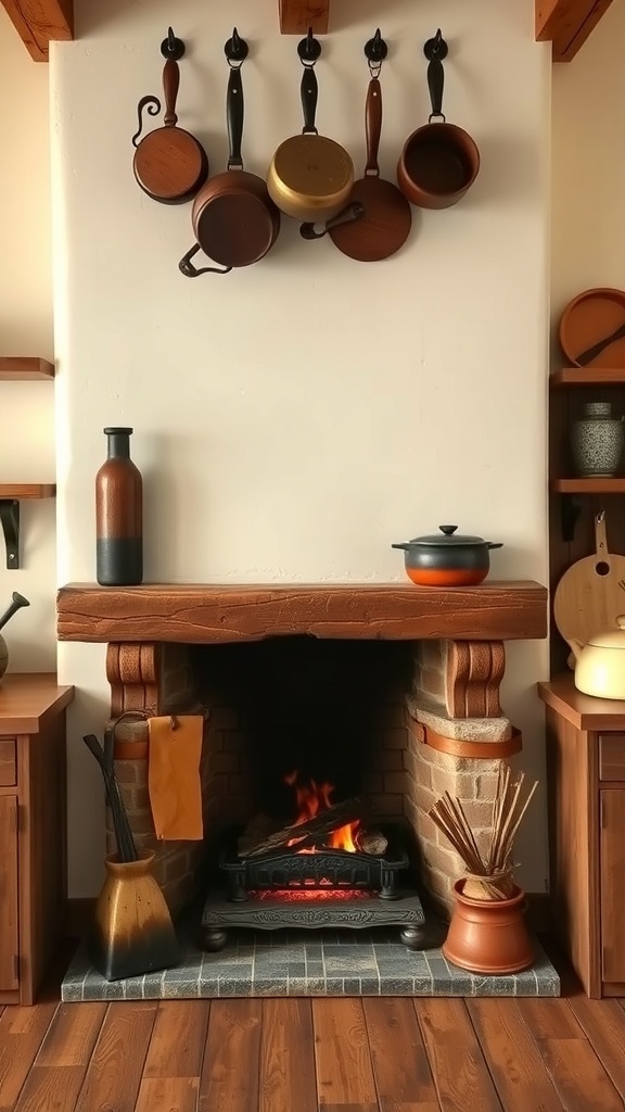Cozy fireplace with cooking hearth in a European farmhouse kitchen
