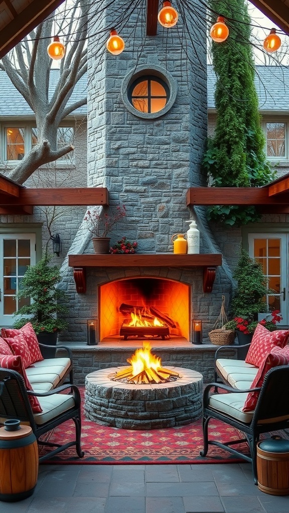 Cozy outdoor fireplace with seating area and warm fire