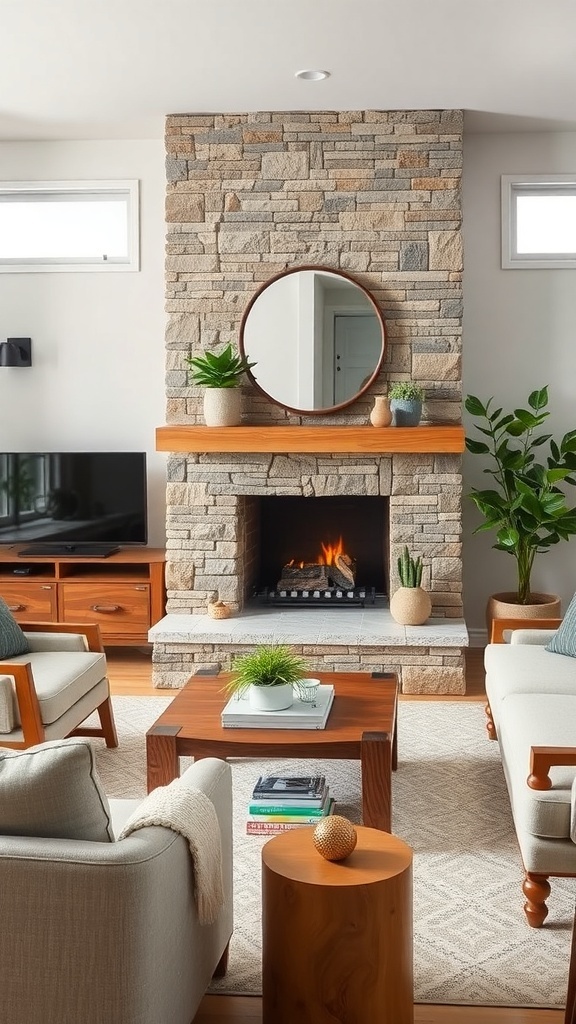 A modern farmhouse living room featuring a cozy fireplace with a stone wall and wooden mantel.