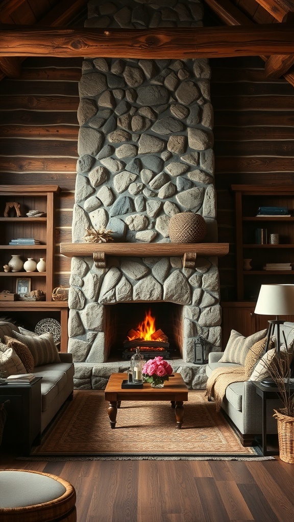 Cozy living room with a stone fireplace and rustic decor.