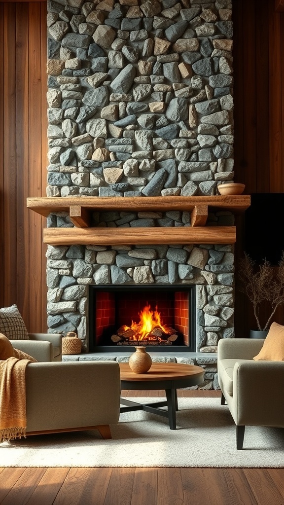 A cozy fireplace made of stone with a wooden mantel, surrounded by comfortable seating.