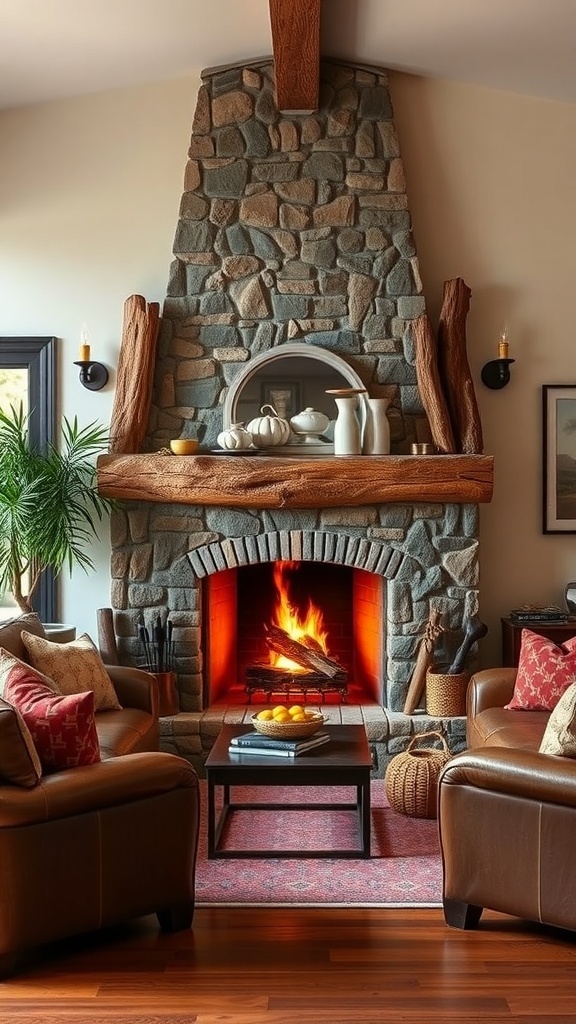Cozy living room with a stone fireplace and warm lighting.