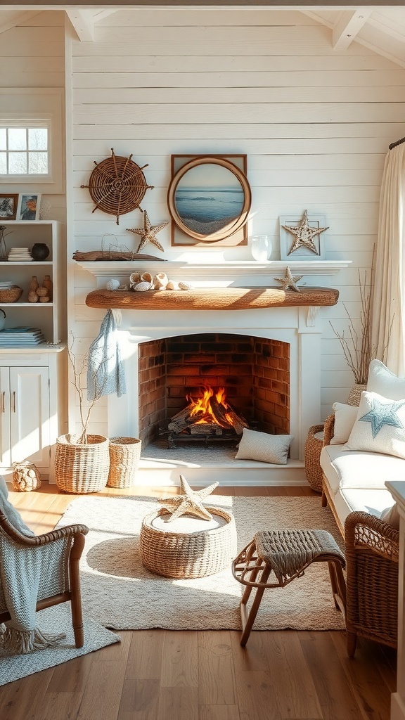 Cozy fireplace in a coastal cottage living room with decorative elements.