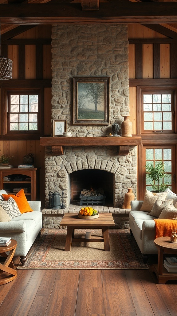 Cozy rustic farmhouse living room with a stone fireplace and warm decor.