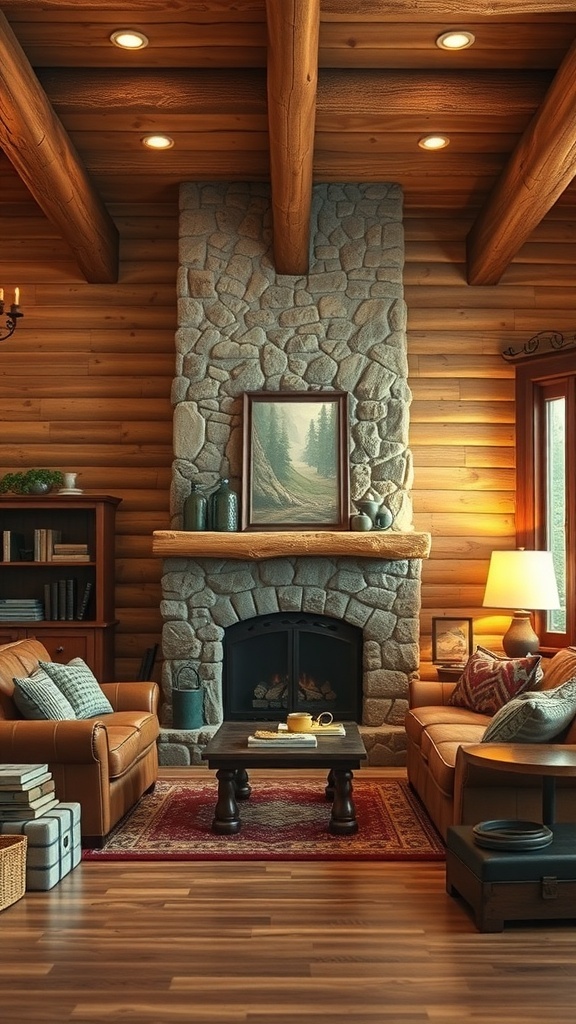 A rustic living room featuring a stone fireplace, leather sofas, and wooden beams.