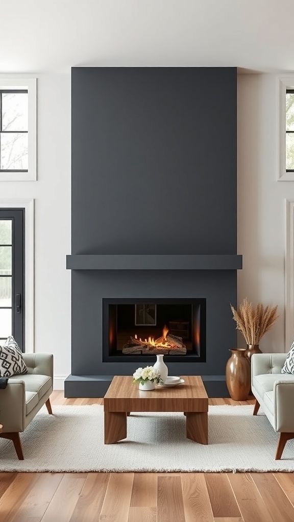 A modern farmhouse living room featuring a sleek dark fireplace with a cozy fire, surrounded by light-colored furniture.