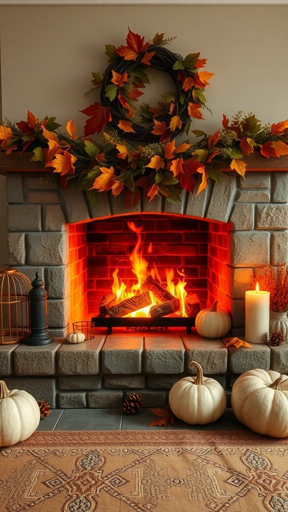 A cozy fireplace decorated for fall with pumpkins, a wreath, and a warm fire.