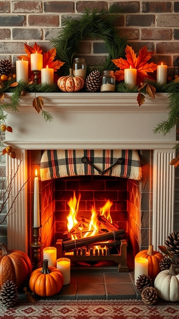 A cozy fireplace decorated for fall with pumpkins, candles, and autumn leaves.
