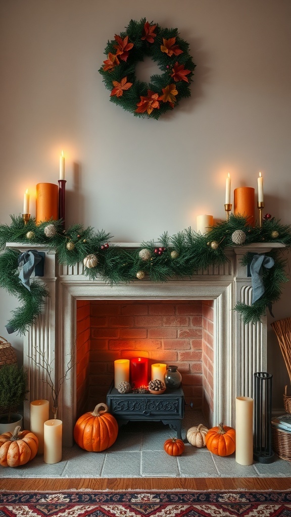 A cozy fireplace decorated for fall with pumpkins, candles, and a garland.