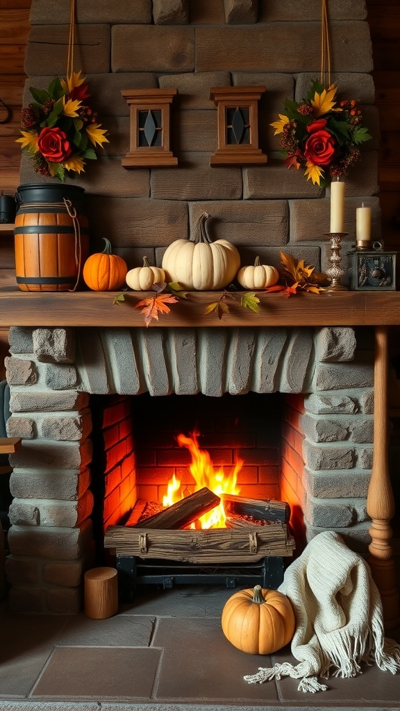 A cozy fireplace with pumpkins, candles, and autumn leaves on the mantel.