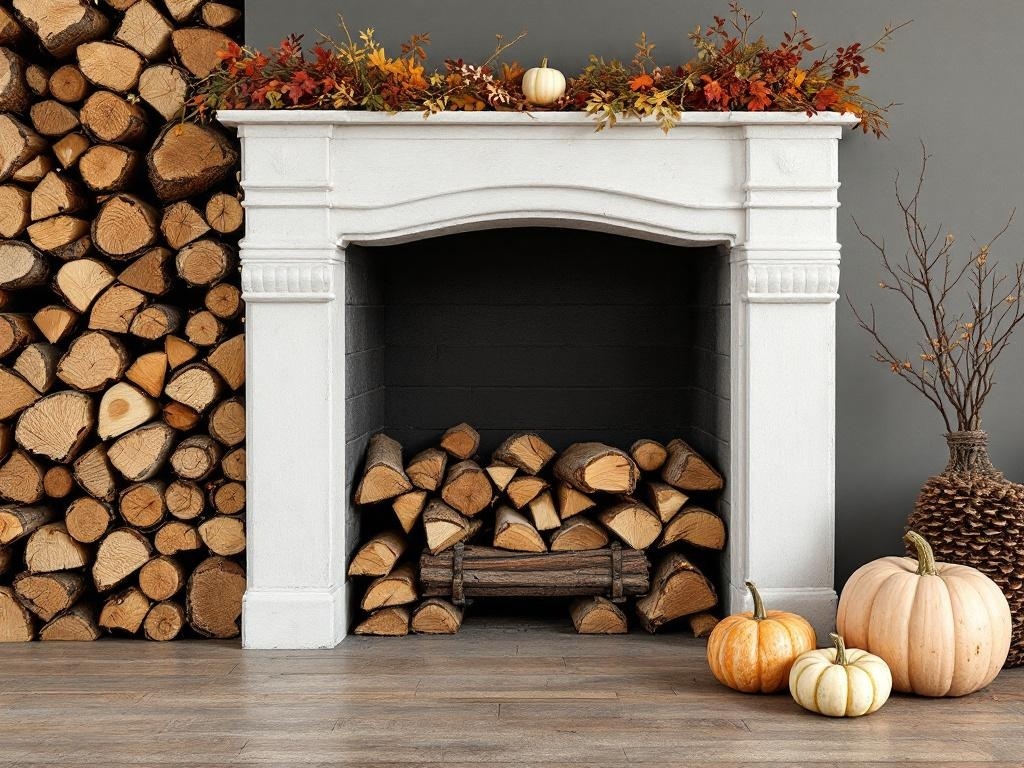 A cozy fireplace with neatly stacked firewood, pumpkins, and autumn decorations.