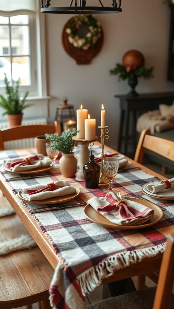 A cozy dining table set with a plaid table runner, candles, and rustic decor for Christmas.