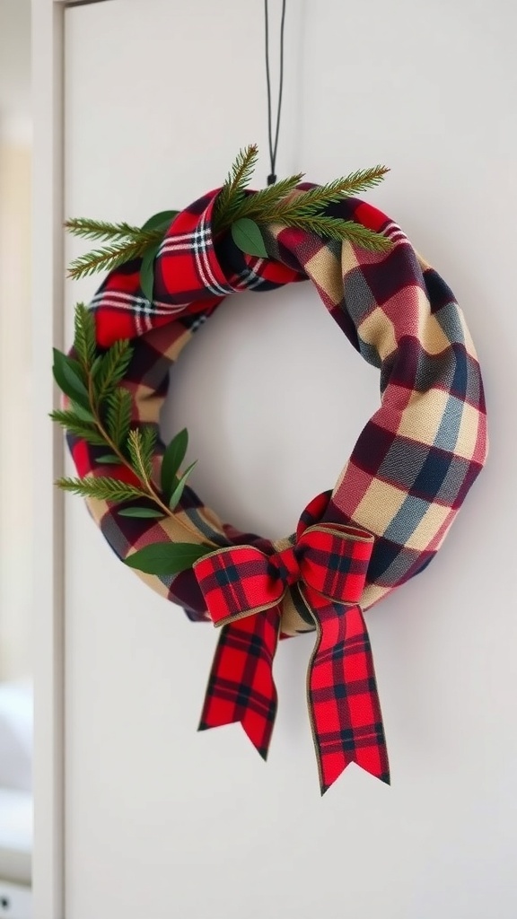 A cozy winter wreath made of flannel and pine, featuring a plaid design and a red bow.