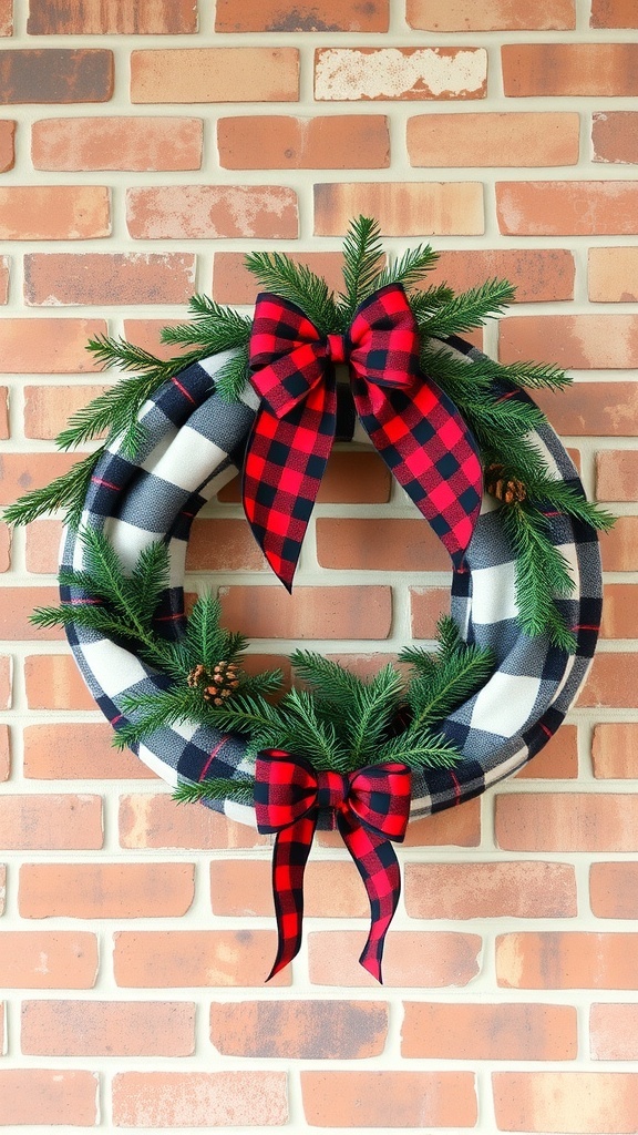 A winter wreath with flannel patterns and pine, featuring red and black bows.