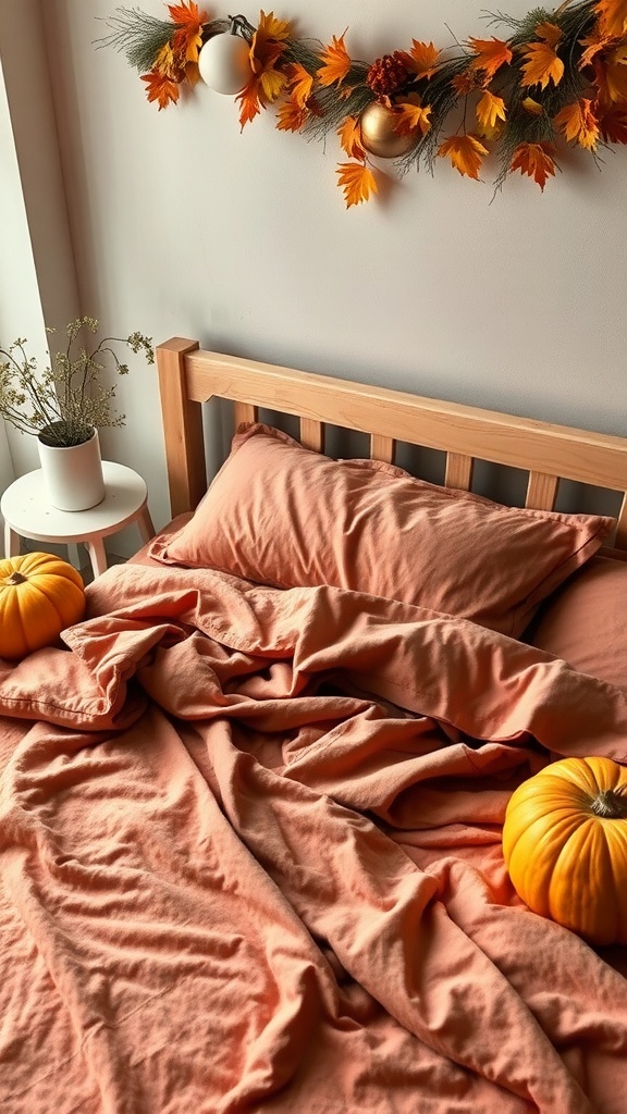 A cozy bed with peach flannel sheets, small pumpkins, and autumn decorations.
