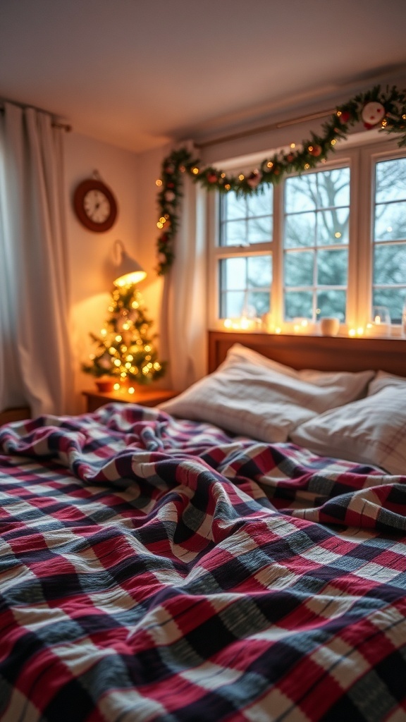 A cozy bed with flannel sheets and festive decorations