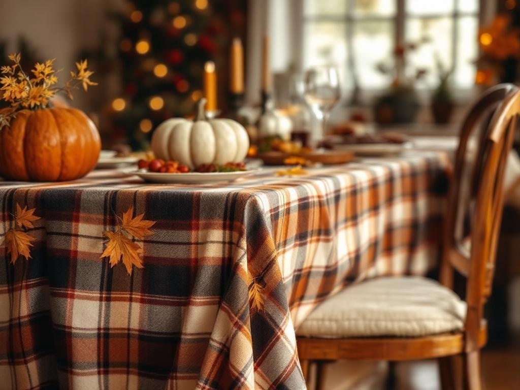 A cozy Thanksgiving table setting with a flannel tablecloth, pumpkins, and autumn leaves.