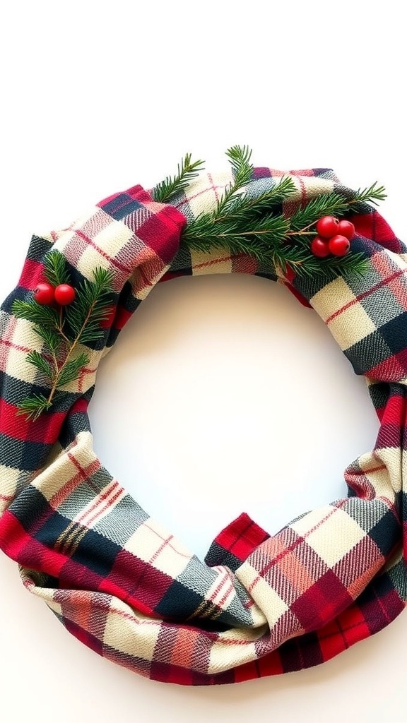 A winter wreath made of flannel fabric with greenery and red berries.