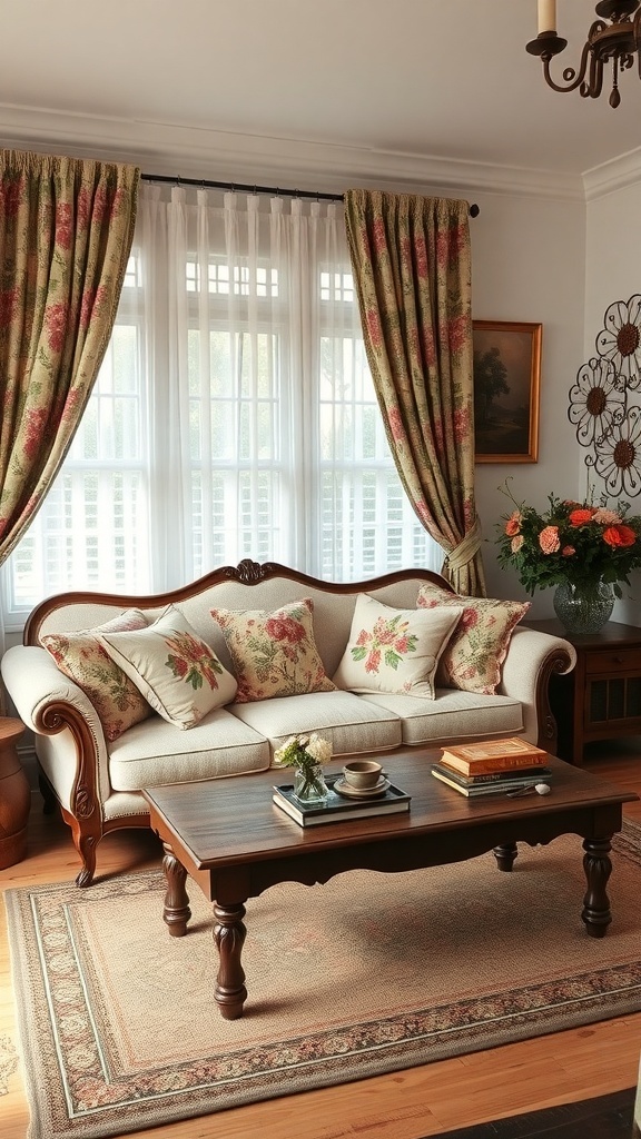 A cozy living room with floral patterned curtains and cushions, featuring a wooden coffee table.