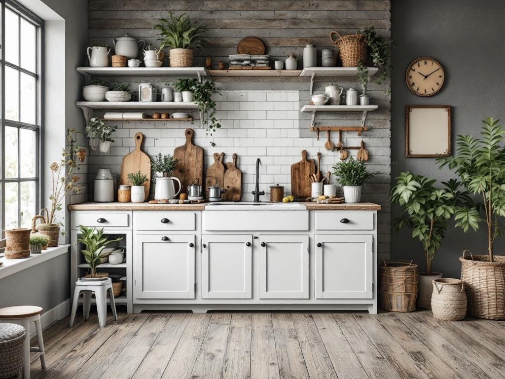 Cozy gray farmhouse kitchen with open shelving, wooden accents, and plants