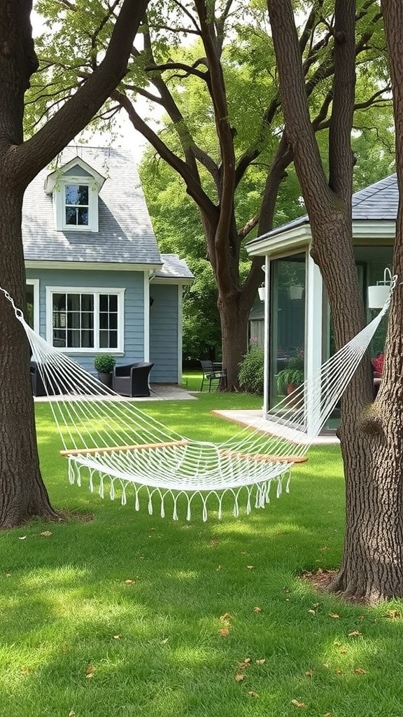A white hammock hanging between two trees in a backyard with a modern farmhouse.