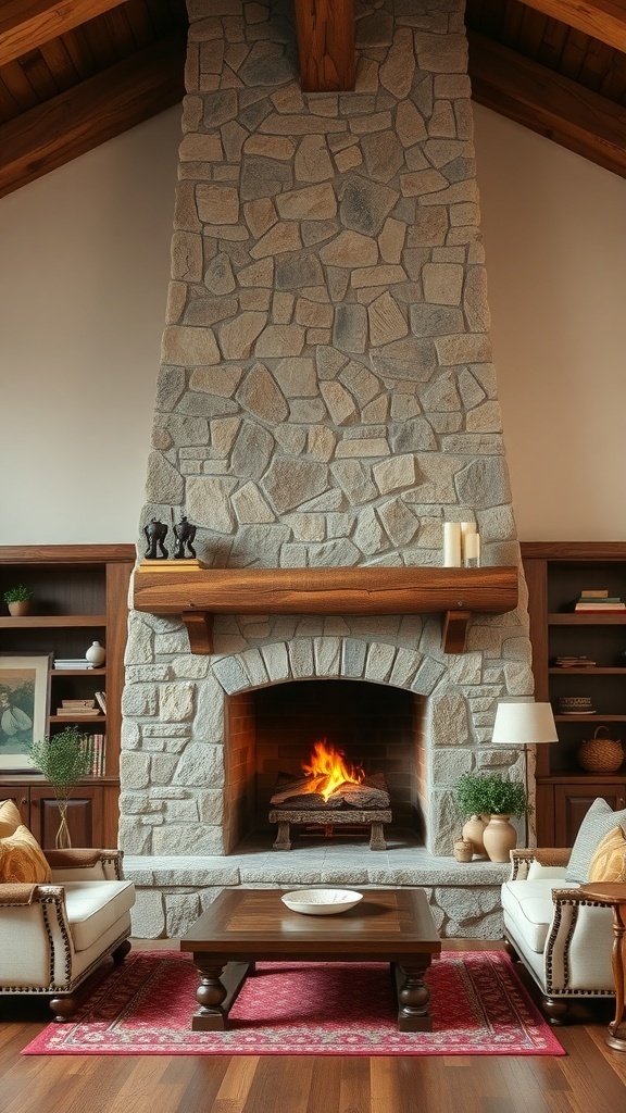 Rustic farmhouse fireplace with stone and wooden elements
