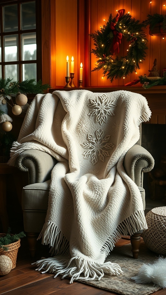 A cozy holiday blanket draped over a chair, featuring festive designs.