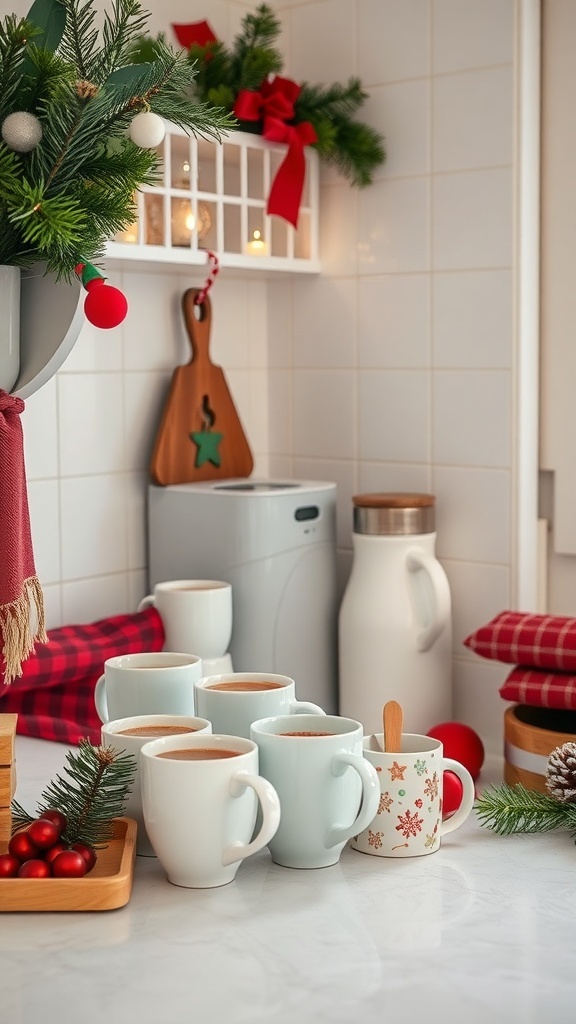 A cozy hot beverage station with festive mugs and holiday decorations.