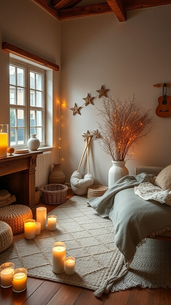 A cozy living room with candles, soft blankets, and warm lighting.