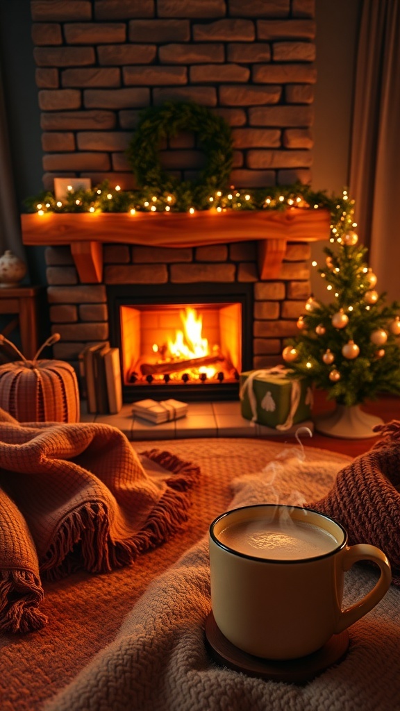 A cozy indoor scene with a warm drink, a fireplace, and festive decorations.