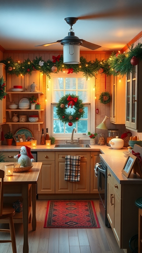 A cozy Christmas kitchen decorated with garlands, a wreath, candles, and a snowman figurine.