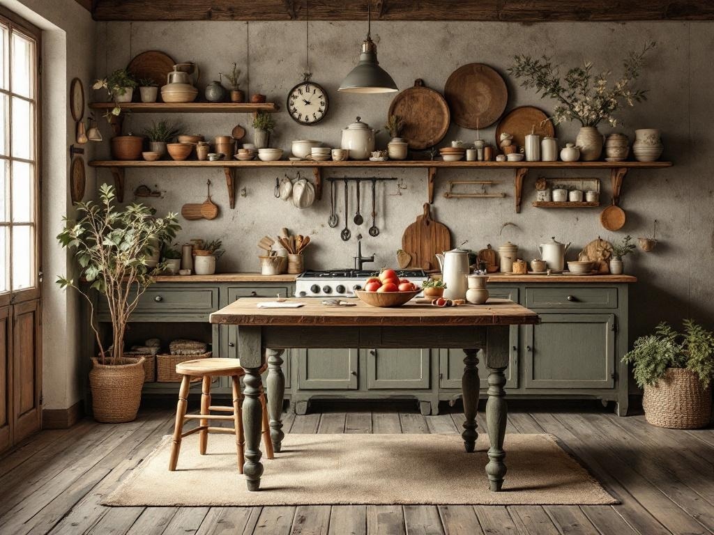 A cozy kitchen with wooden shelves, potted plants, and a rustic table.