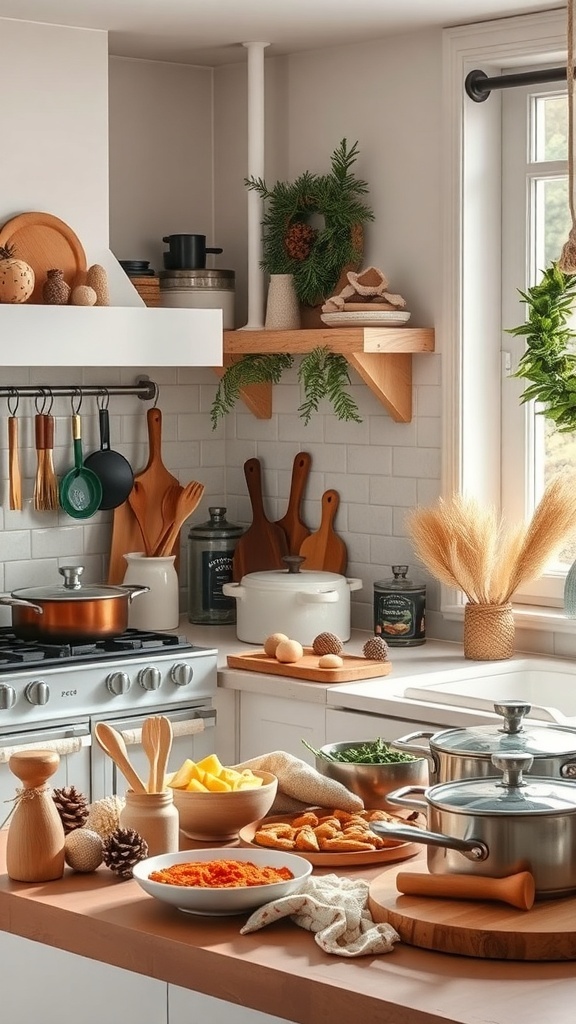 A cozy kitchen filled with cooking essentials for winter, featuring wooden utensils, fresh ingredients, and warm decor.