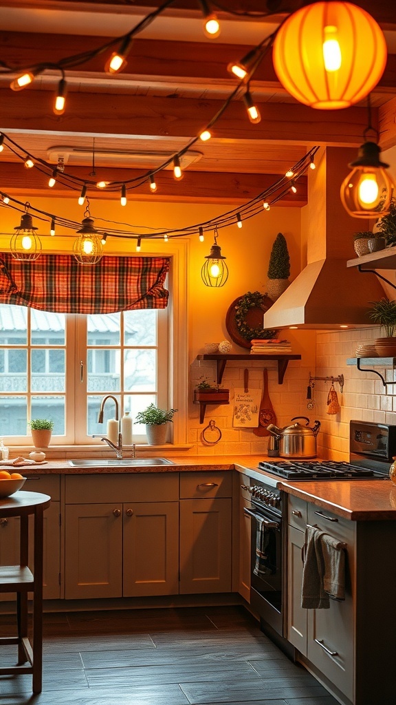 A cozy kitchen with warm lighting and festive decorations.