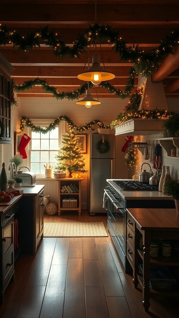 Cozy farmhouse kitchen decorated for Christmas with warm lighting and festive decor.