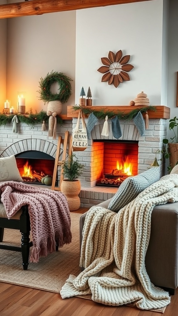 A cozy living room with knit blankets, a warm fireplace, and decorative elements.