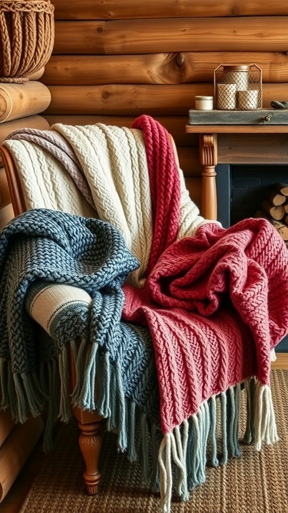 A cozy chair with a cream and navy knit blanket draped over it in a rustic setting.